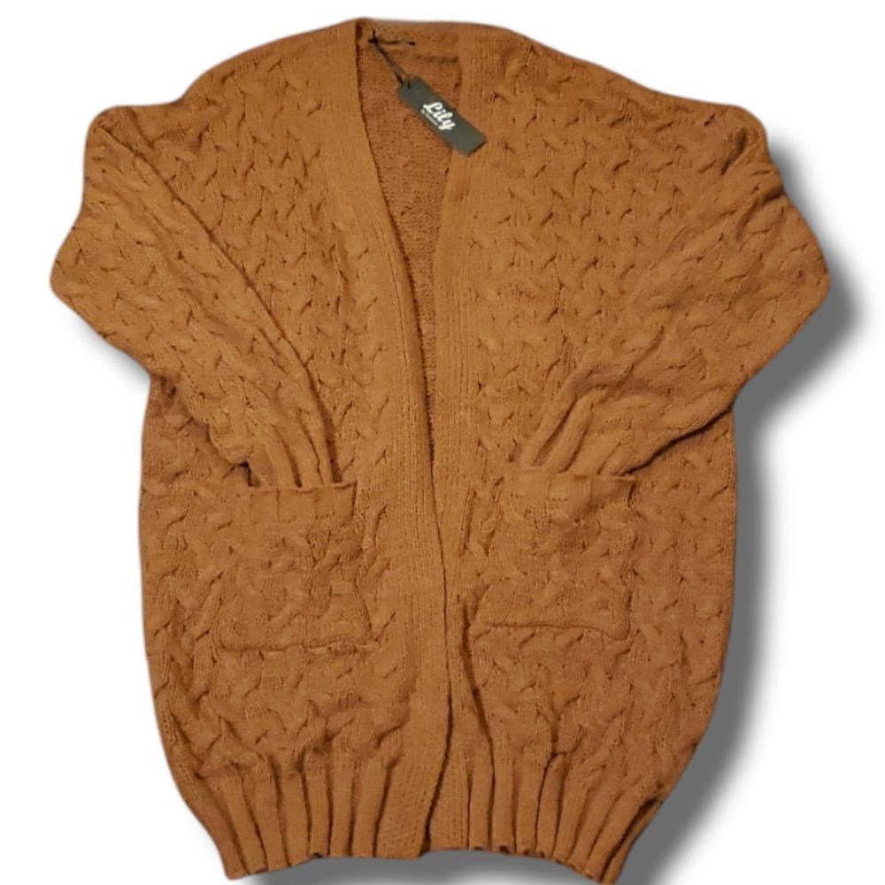 Lily by Firmiana‎ Cognac Crocheted Oversized Open Front Cardigan Sweater …